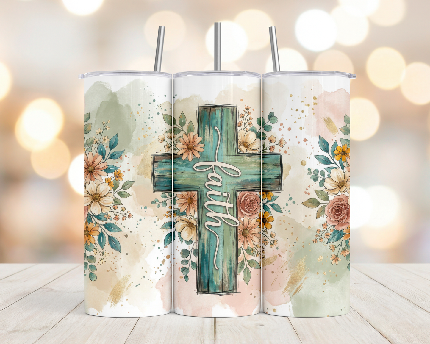 20oz Faith Cross Teal wooden floral tumbler