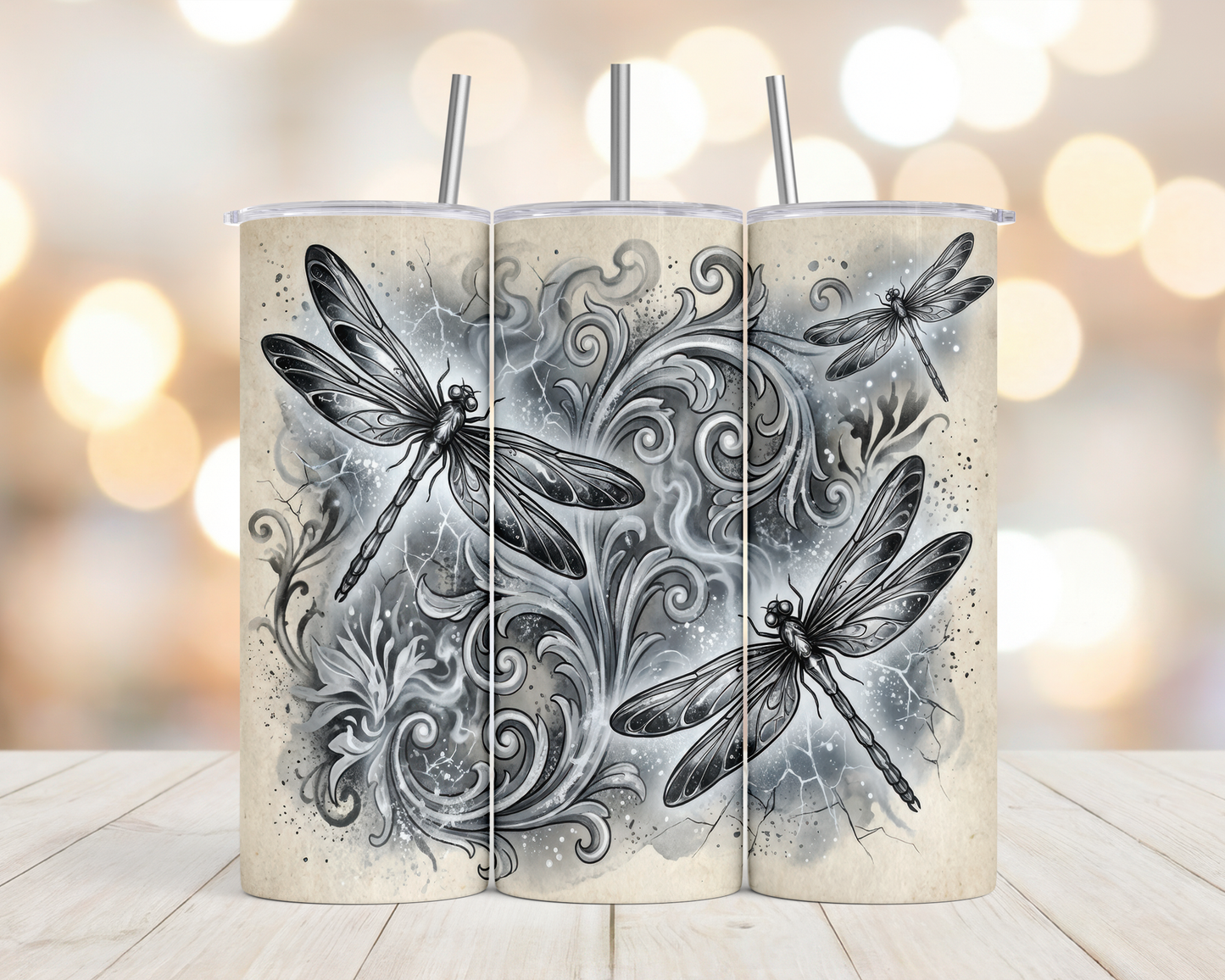 20oz Navy and grey Dragonflies wispy tumbler