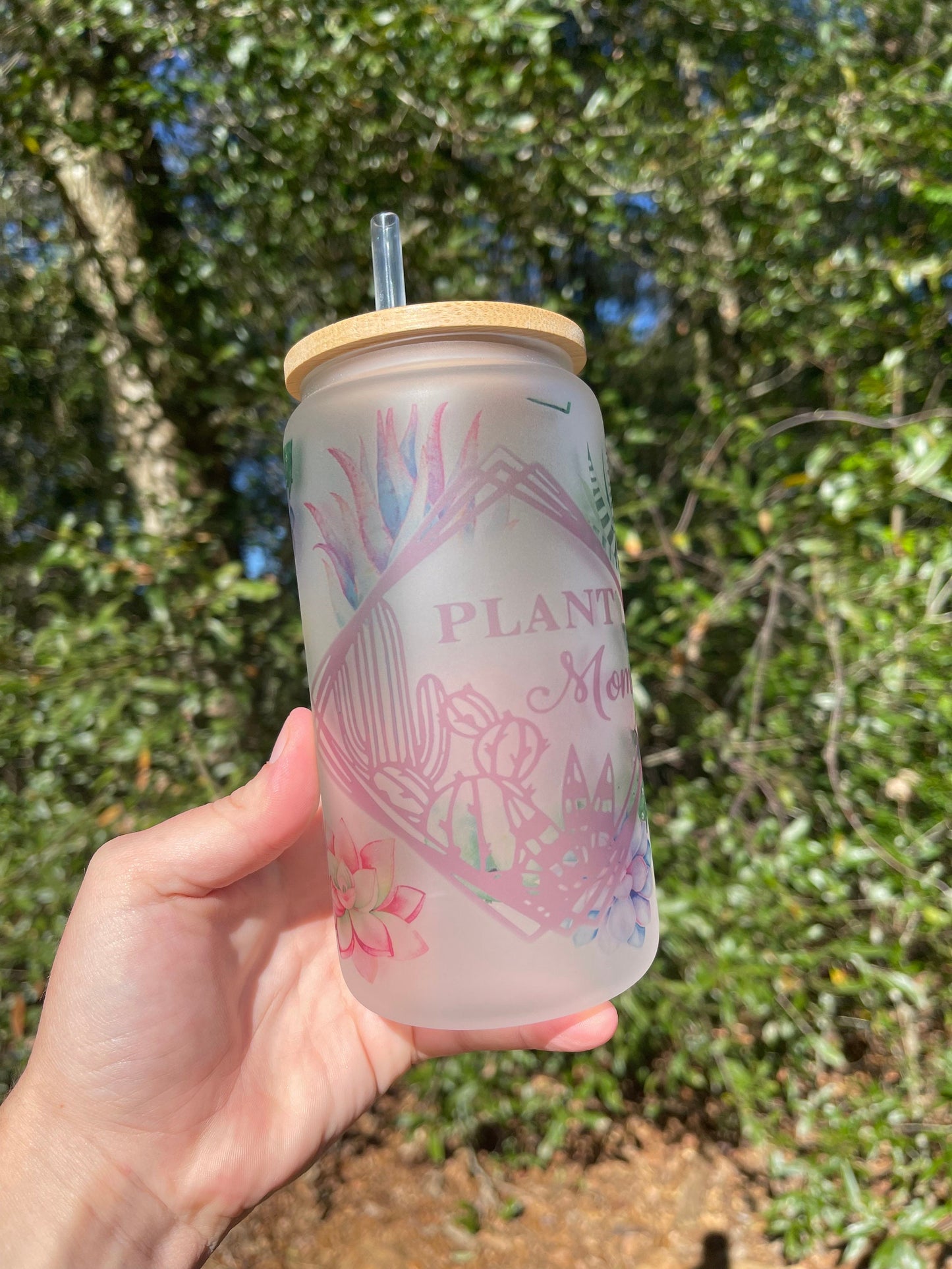 Succulents and Plant Mom with cactus coffee can 16oz cute glass cup With bamboo wood lid and plastic straw