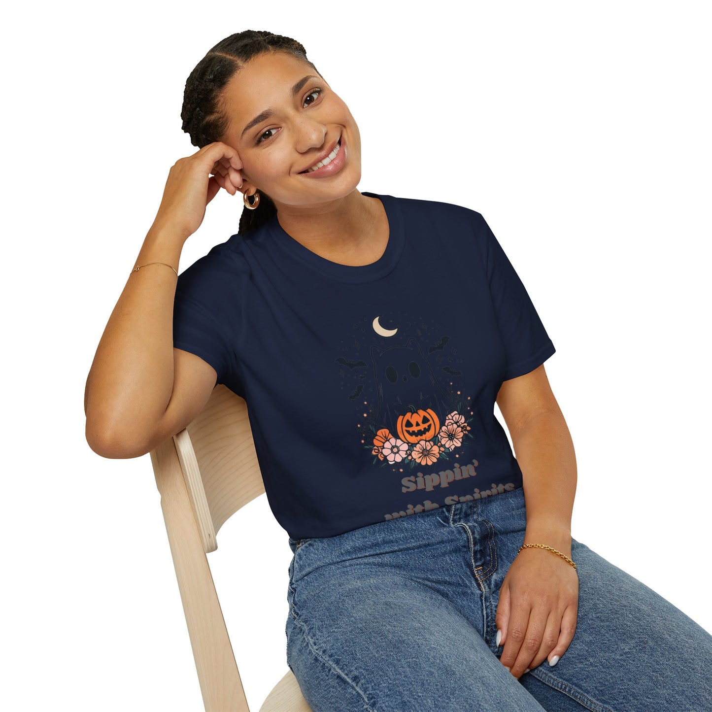 Sippin' With Spirits Halloween Ghost T-Shirt, Unisex Softstyle Tee