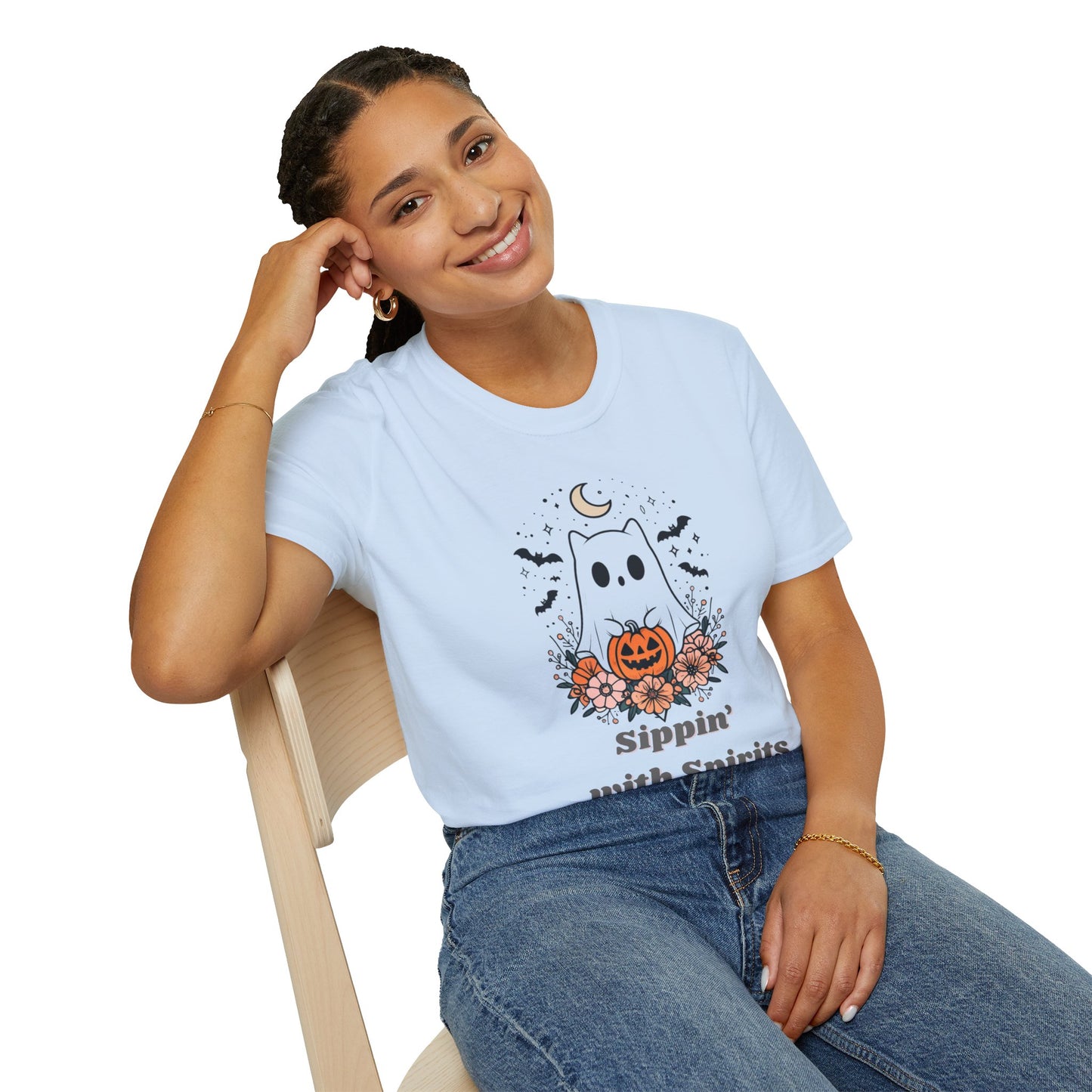 Sippin' With Spirits Halloween Ghost T-Shirt, Unisex Softstyle Tee