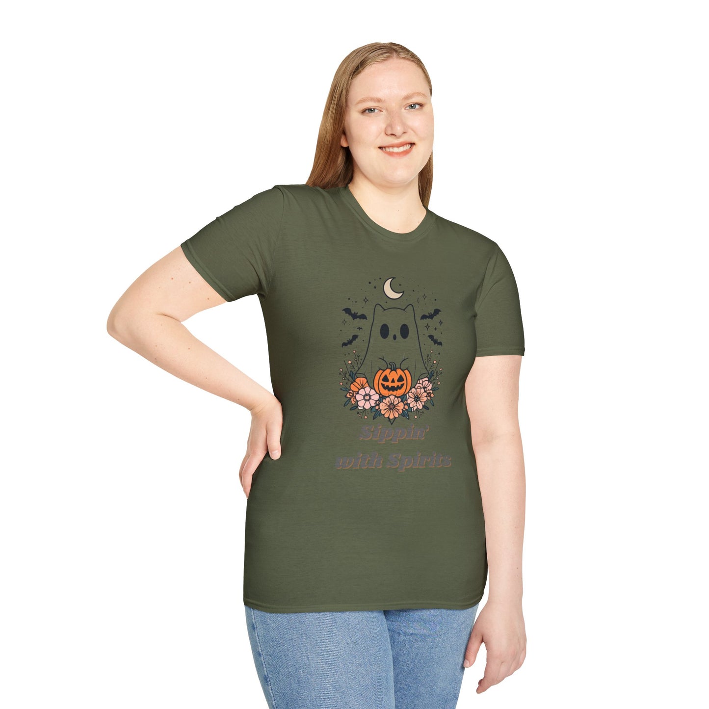 Sippin' With Spirits Halloween Ghost T-Shirt, Unisex Softstyle Tee