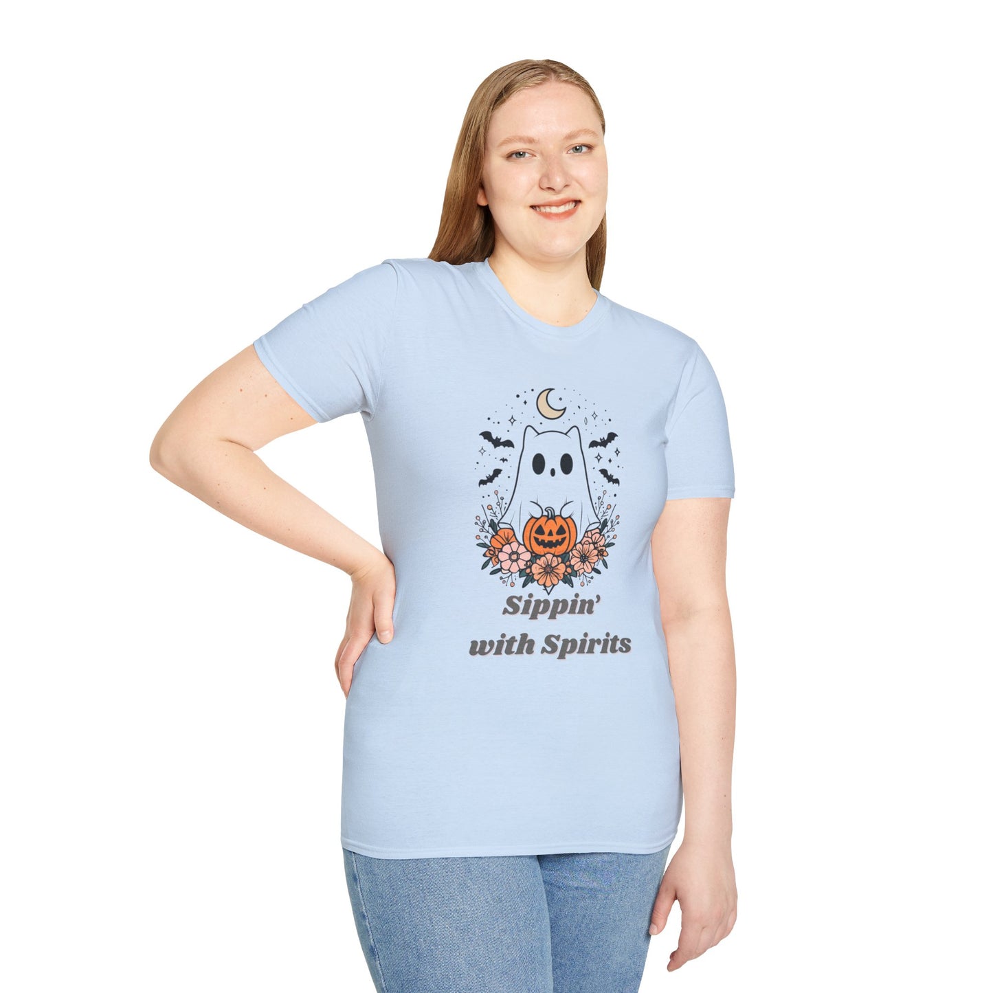 Sippin' With Spirits Halloween Ghost T-Shirt, Unisex Softstyle Tee