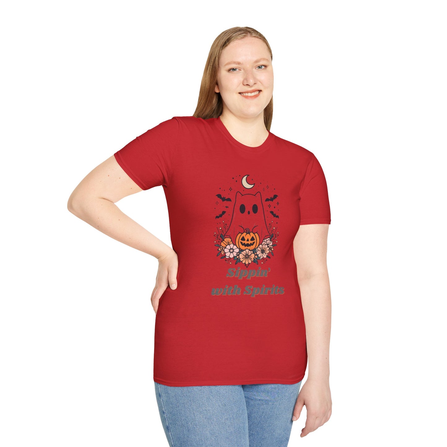 Sippin' With Spirits Halloween Ghost T-Shirt, Unisex Softstyle Tee