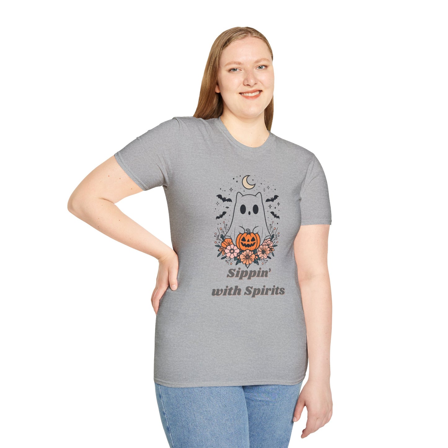 Sippin' With Spirits Halloween Ghost T-Shirt, Unisex Softstyle Tee