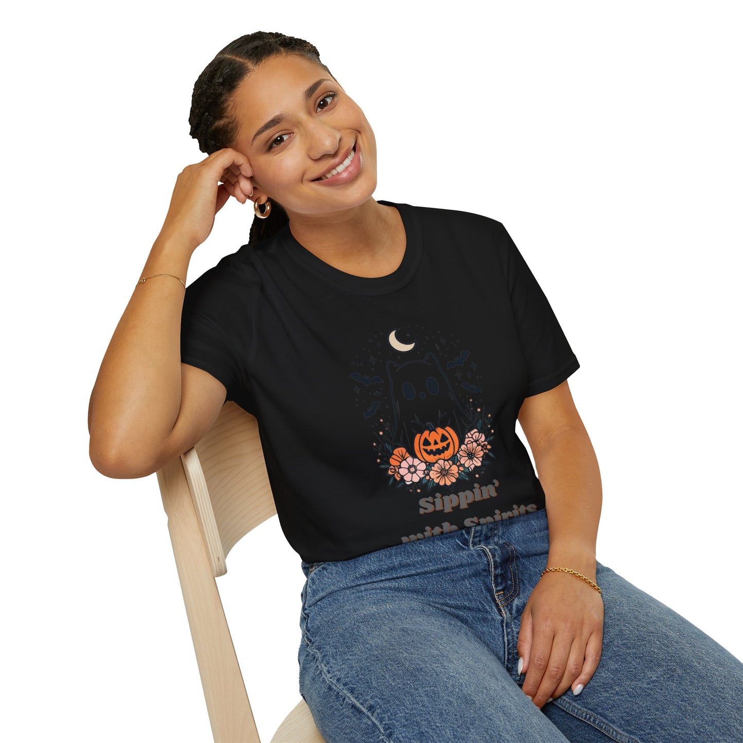 Sippin' With Spirits Halloween Ghost T-Shirt, Unisex Softstyle Tee