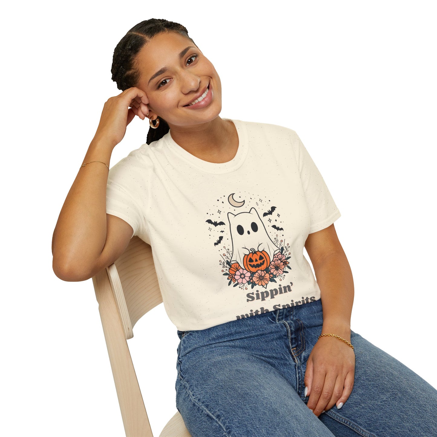 Sippin' With Spirits Halloween Ghost T-Shirt, Unisex Softstyle Tee
