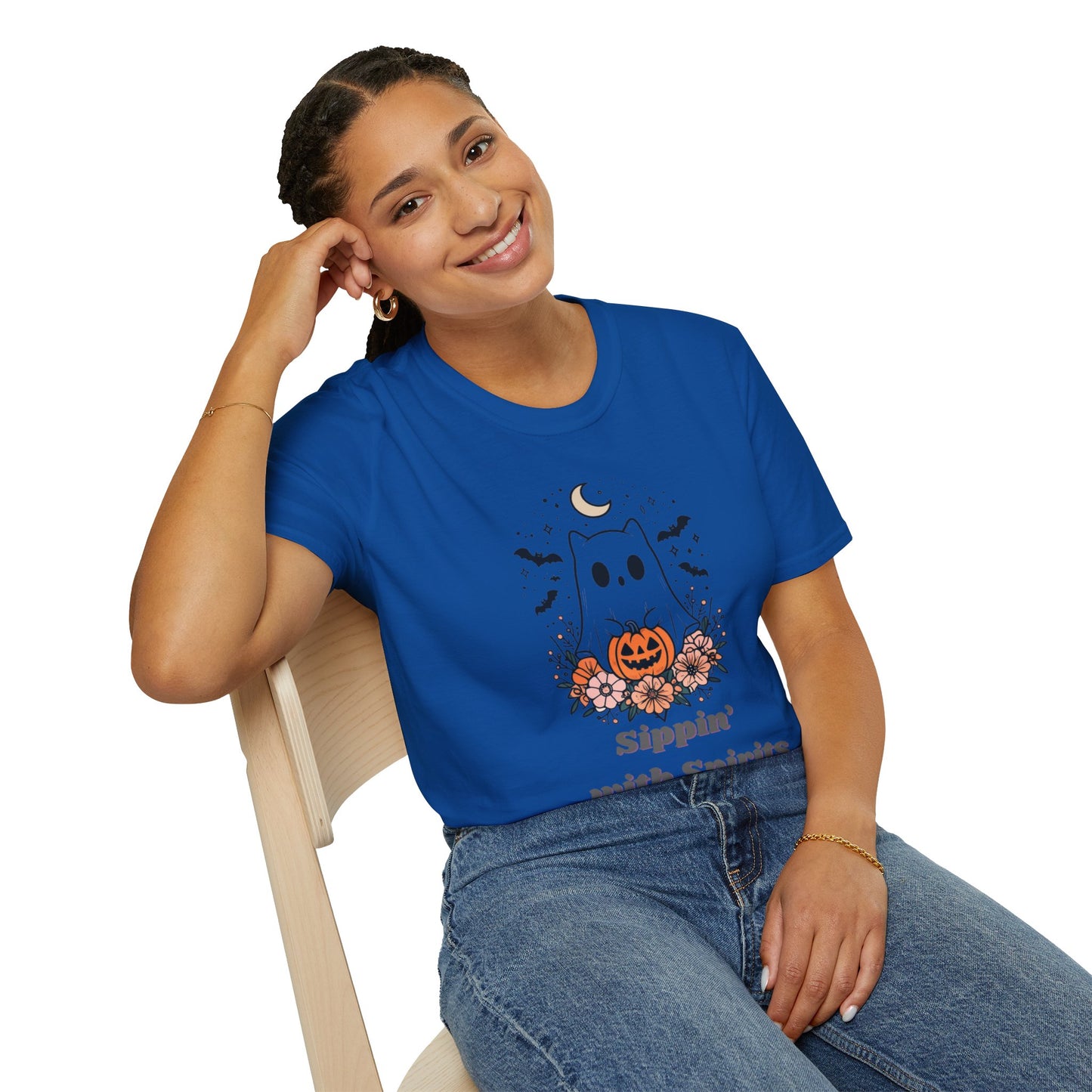 Sippin' With Spirits Halloween Ghost T-Shirt, Unisex Softstyle Tee