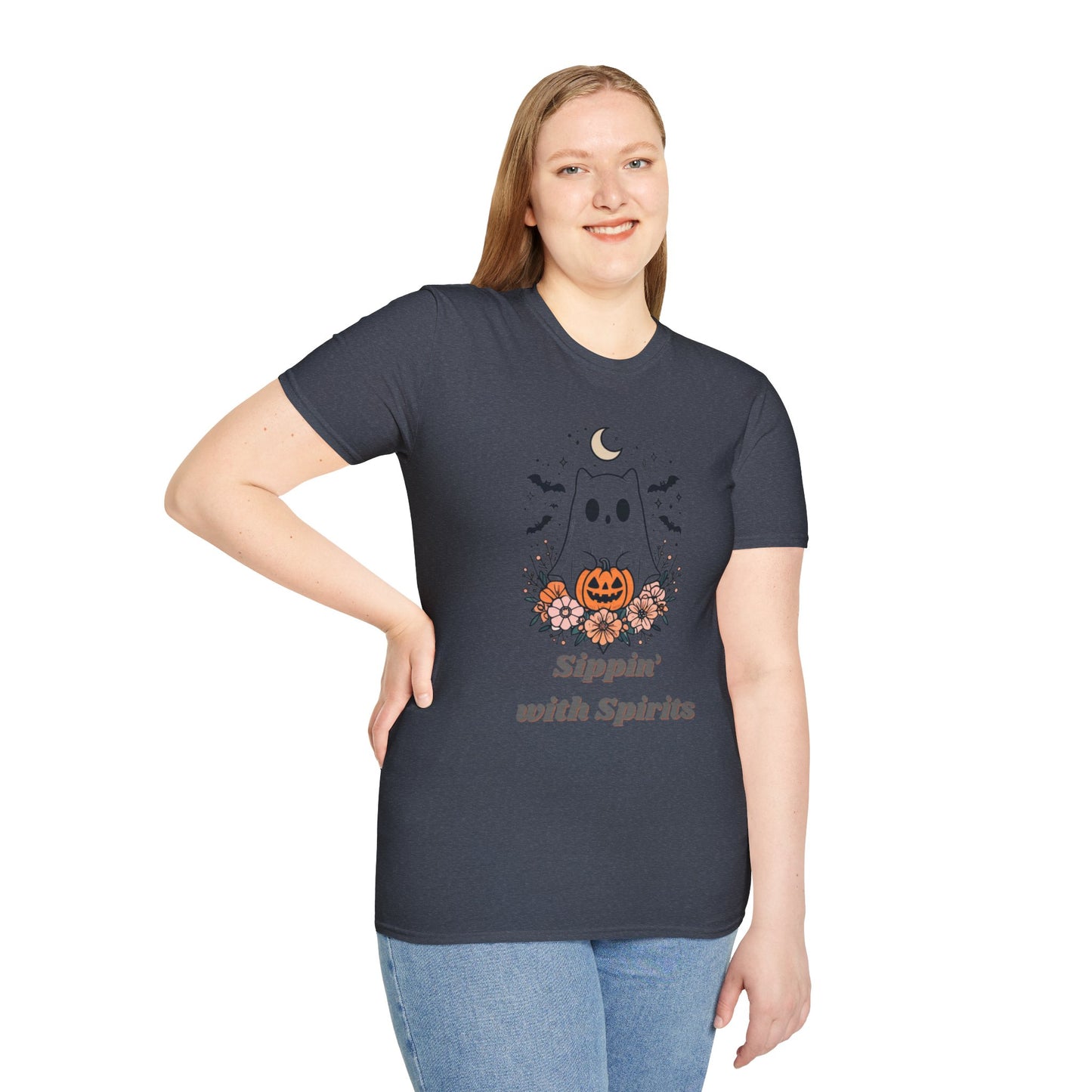 Sippin' With Spirits Halloween Ghost T-Shirt, Unisex Softstyle Tee