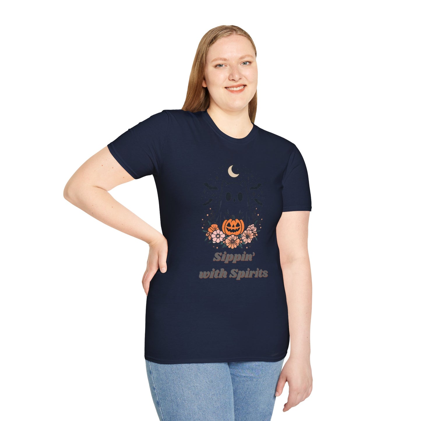 Sippin' With Spirits Halloween Ghost T-Shirt, Unisex Softstyle Tee