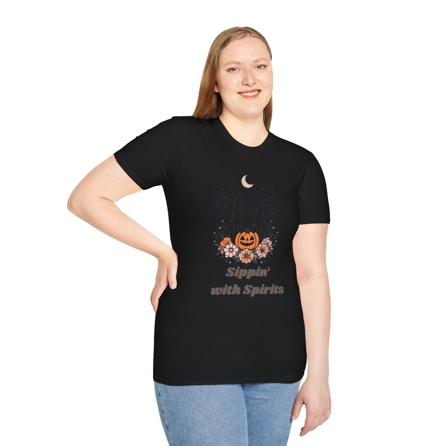 Sippin' With Spirits Halloween Ghost T-Shirt, Unisex Softstyle Tee