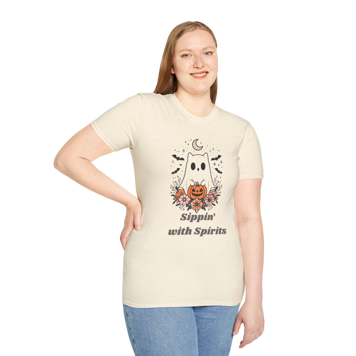 Sippin' With Spirits Halloween Ghost T-Shirt, Unisex Softstyle Tee