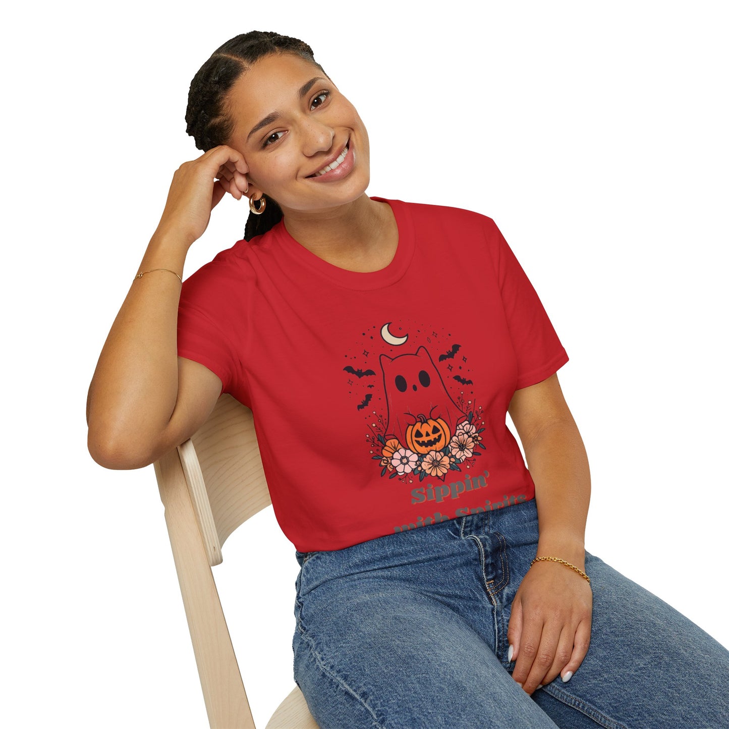 Sippin' With Spirits Halloween Ghost T-Shirt, Unisex Softstyle Tee