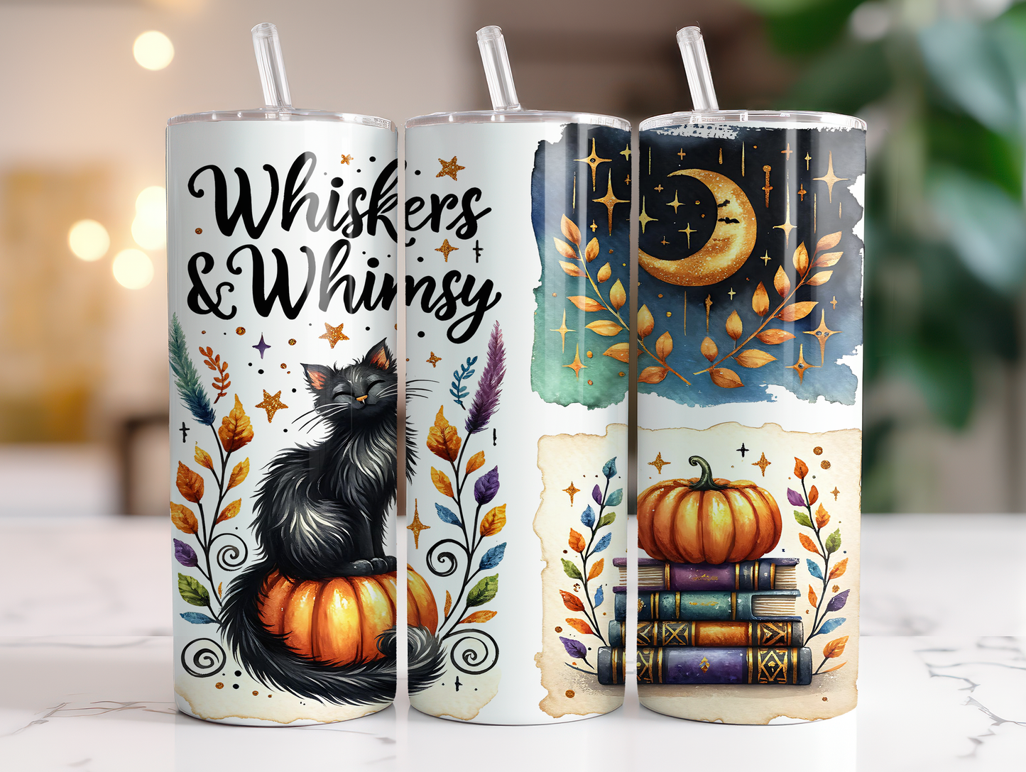 20oz Whiskers & Whimsy Spooky Cat Pumpkin Moon Floral  Tumbler
