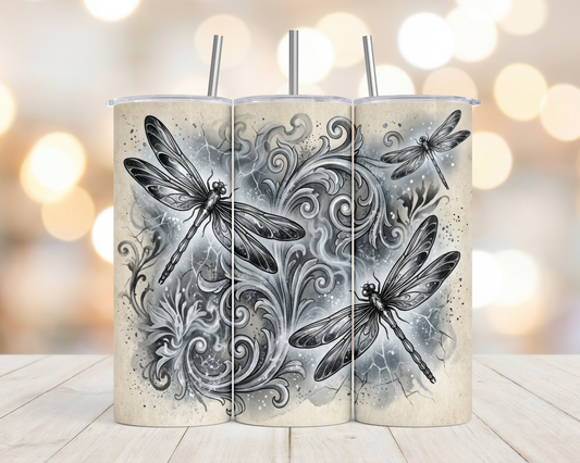 20oz Navy and grey Dragonflies wispy tumbler
