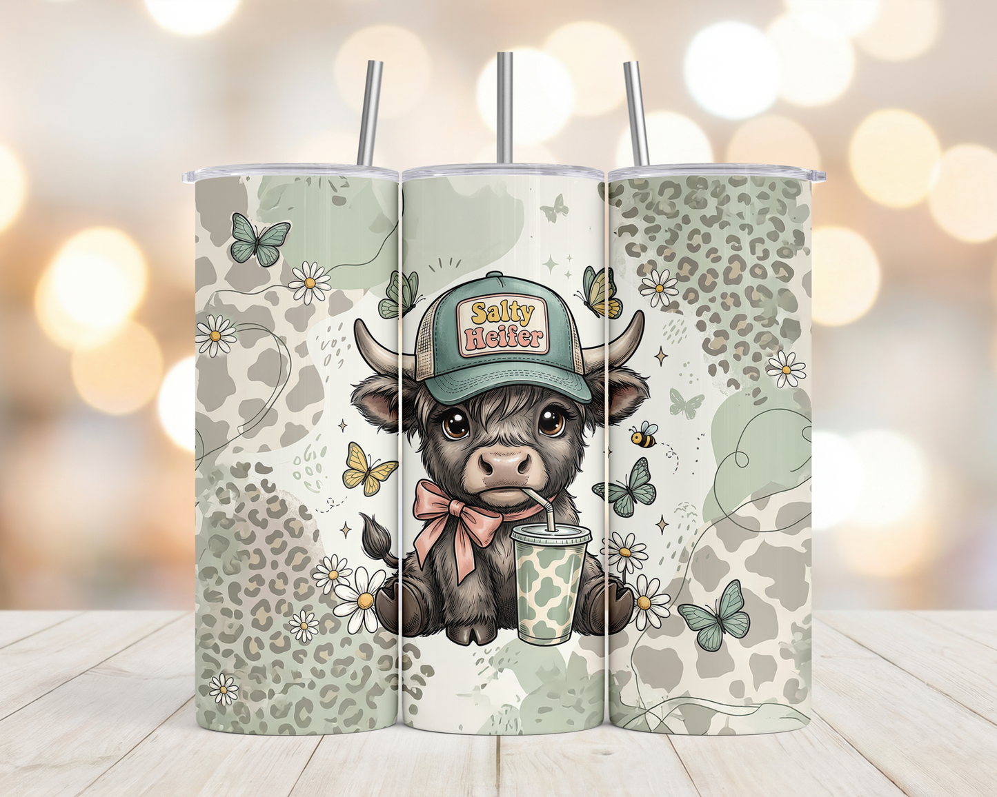 20oz Salty Heifer Butterflies, cow print and leopard tumbler
