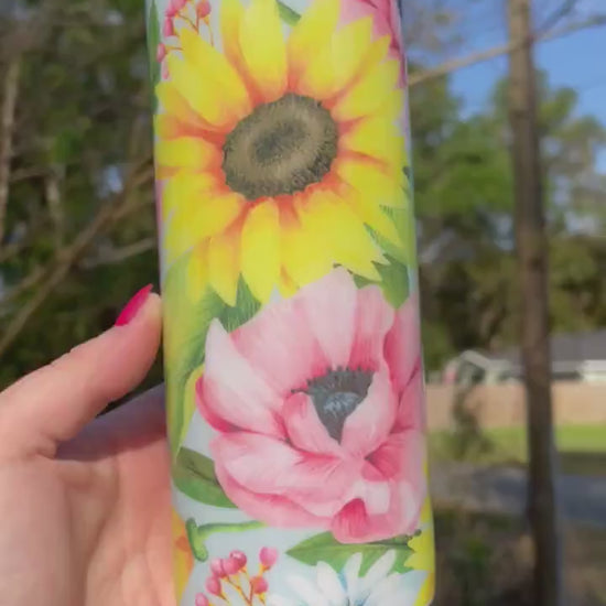 Beautiful rose blue pink yellow sunflower rose, floral artsy spring tumbler 20oz. With lid and straw. Personalizable