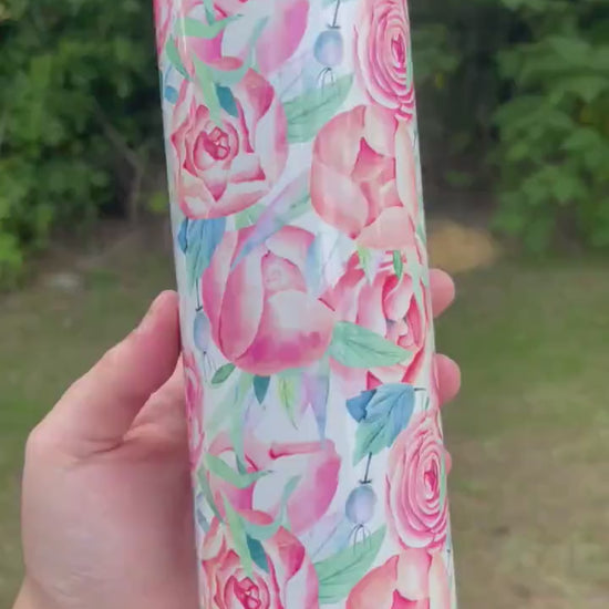 Cute pink floral rose flowers 20oz skinny tumbler