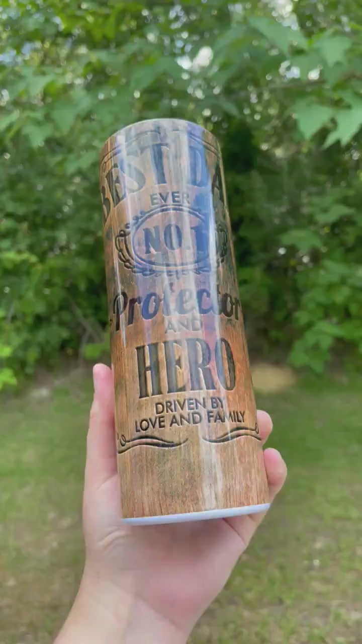 Best dad wood grain look 20 oz tumbler, fathers day tumbler- hero and protector