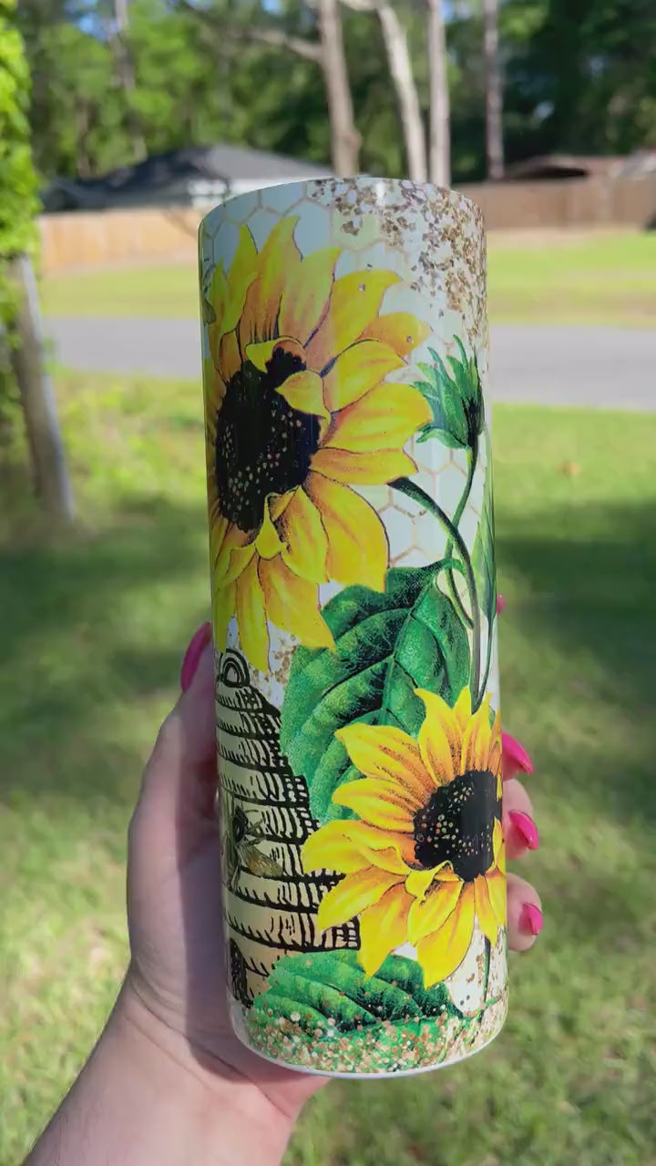 Cute gift, yellow sunflower, honey bee honey comb 20oz skinny tumbler