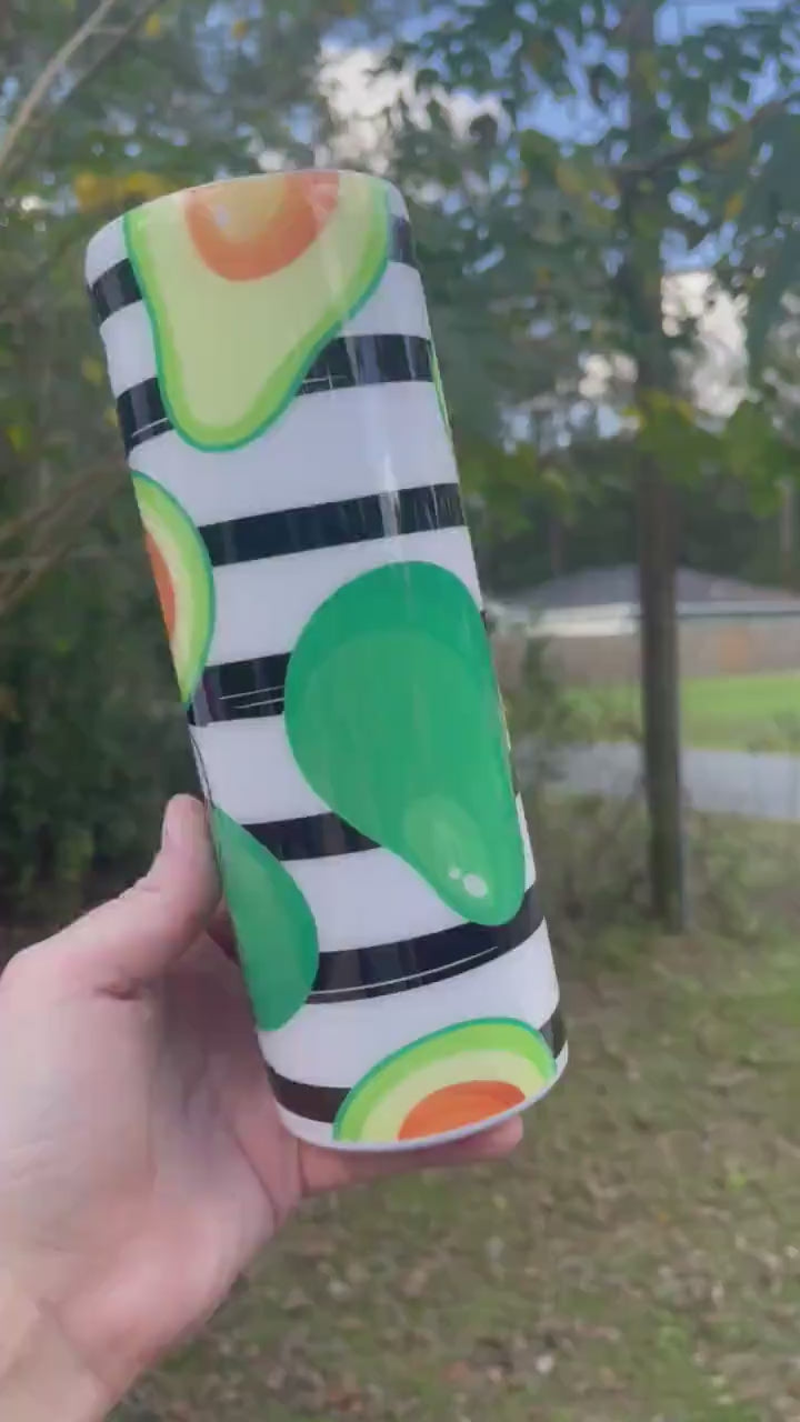 Cute black and white striped avocado cute 20oz skinny tumbler with lid and straw