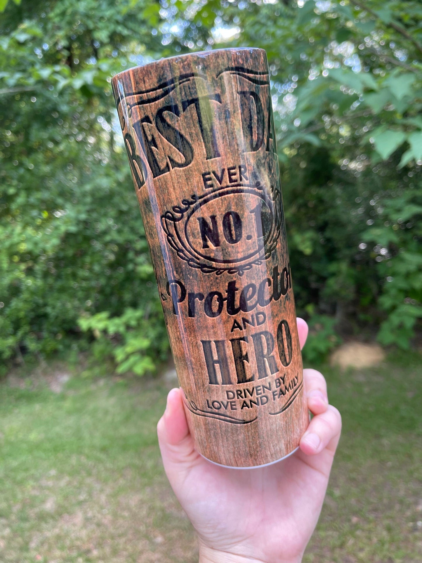 Best dad wood grain look 20 oz tumbler, fathers day tumbler- hero and protector