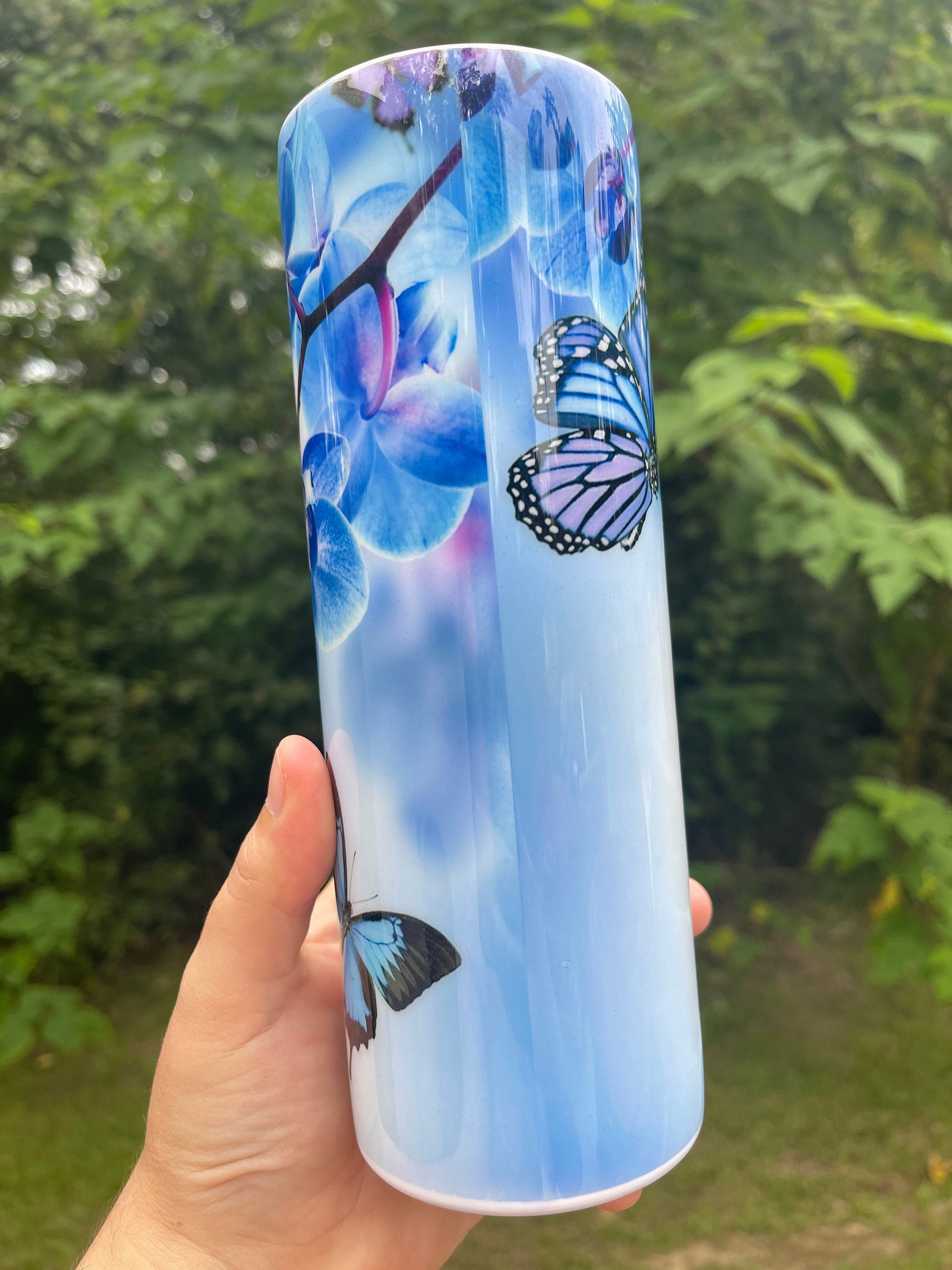 Blue butterfly and blue orchid flowers pretty floral 20oz skinny tumbler