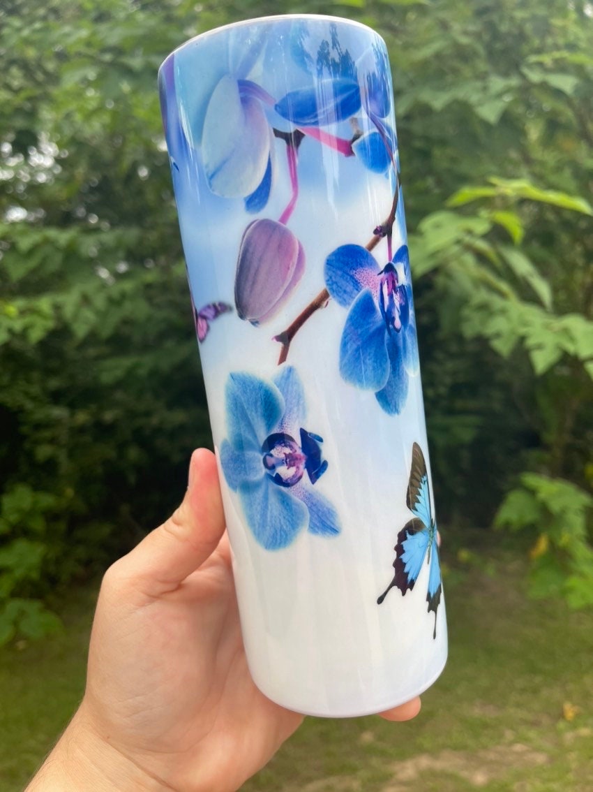 Blue butterfly and blue orchid flowers pretty floral 20oz skinny tumbler
