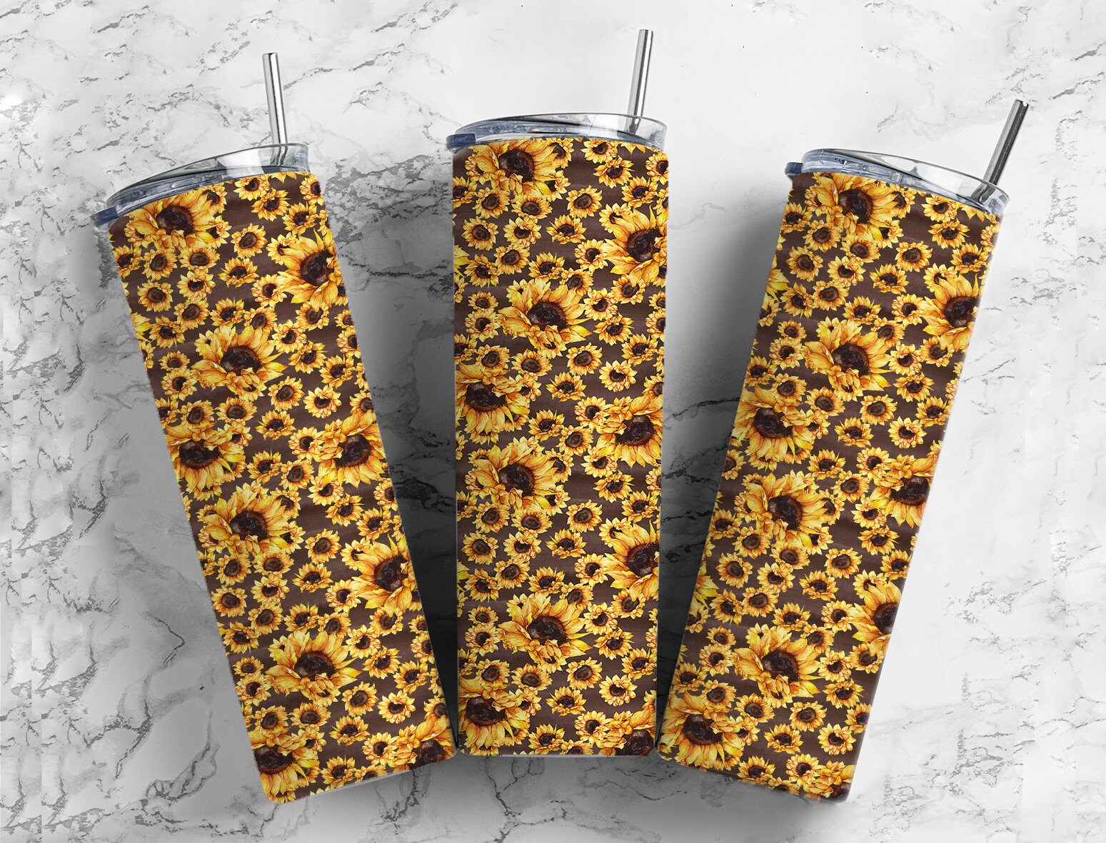 Super cute sunflower collage 20oz skinny tumbler- gold and yellow sunflowers- add name and epoxy for custom personalization