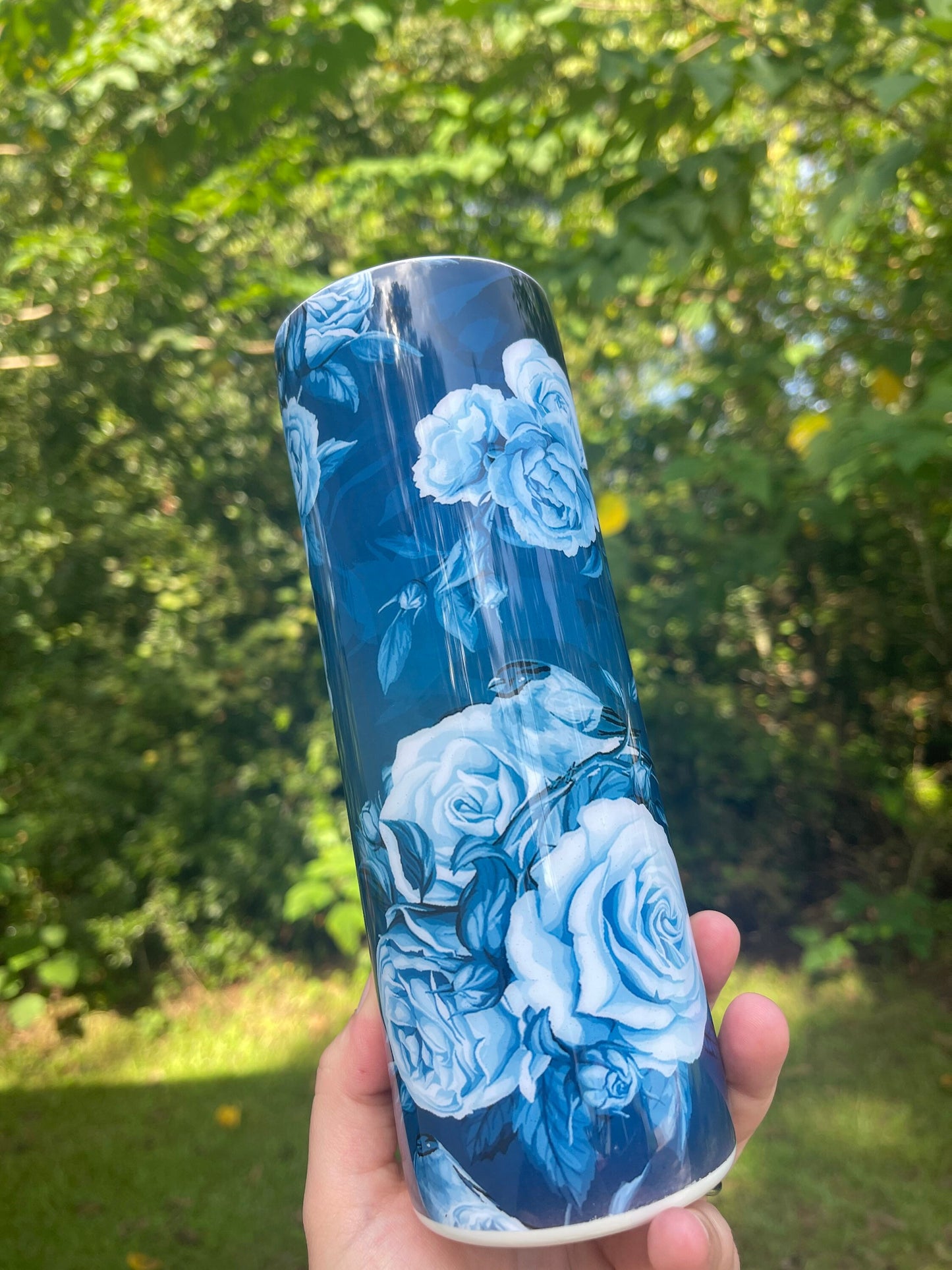 Blue roses and blue floral 20oz skinny tumbler or 12oz kids bottle with lid and straw