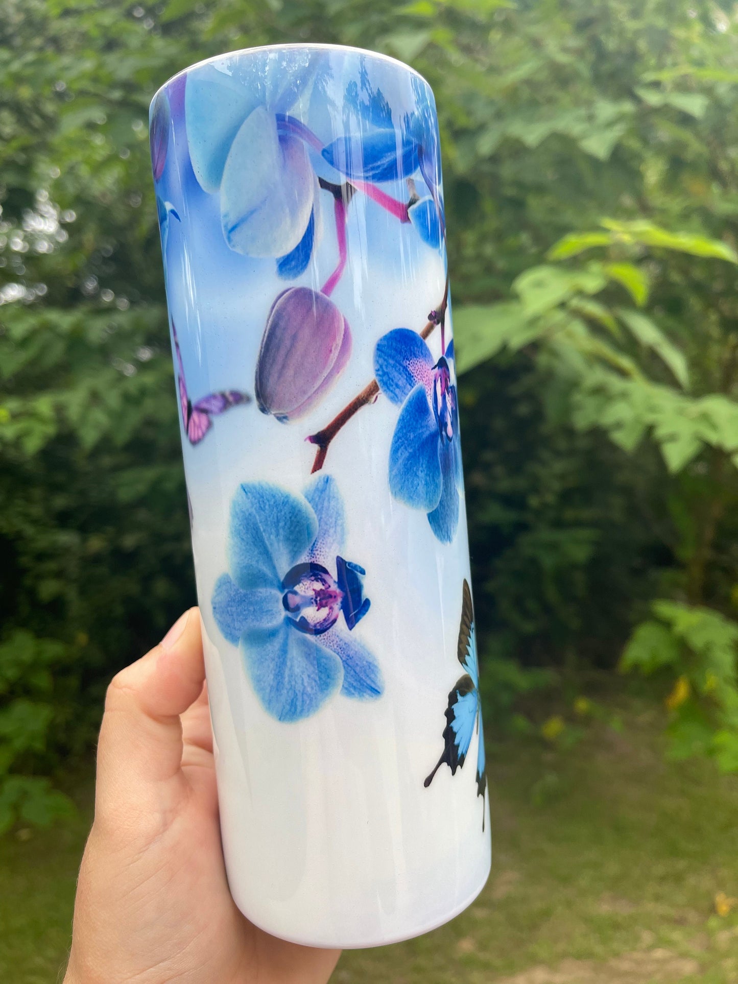 Blue butterfly and blue orchid flowers pretty floral 20oz skinny tumbler