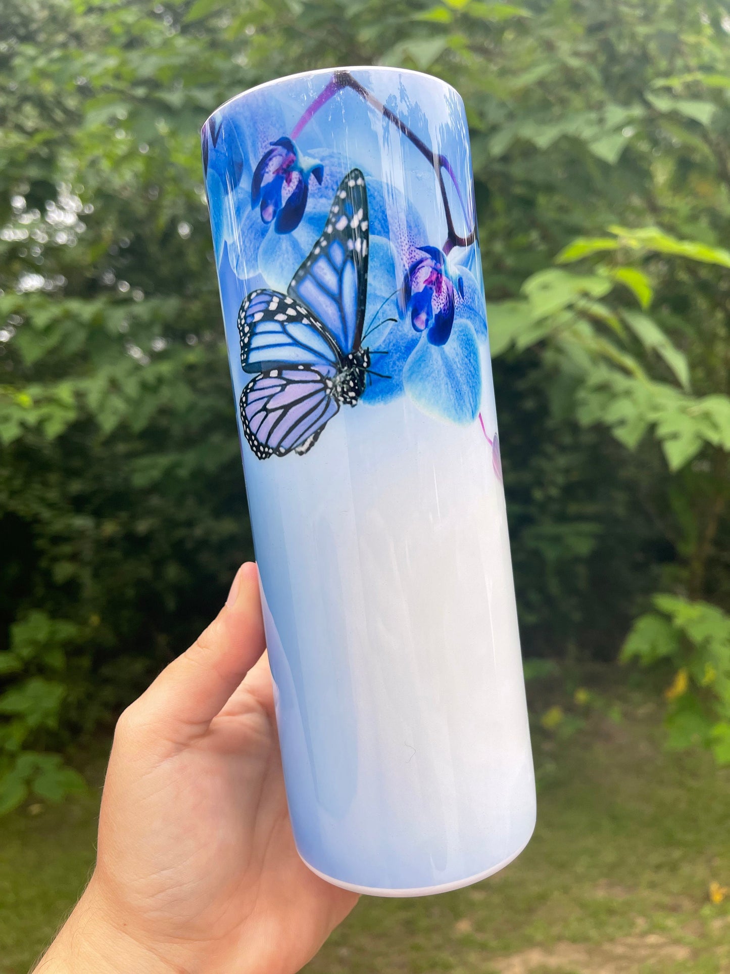 Blue butterfly and blue orchid flowers pretty floral 20oz skinny tumbler