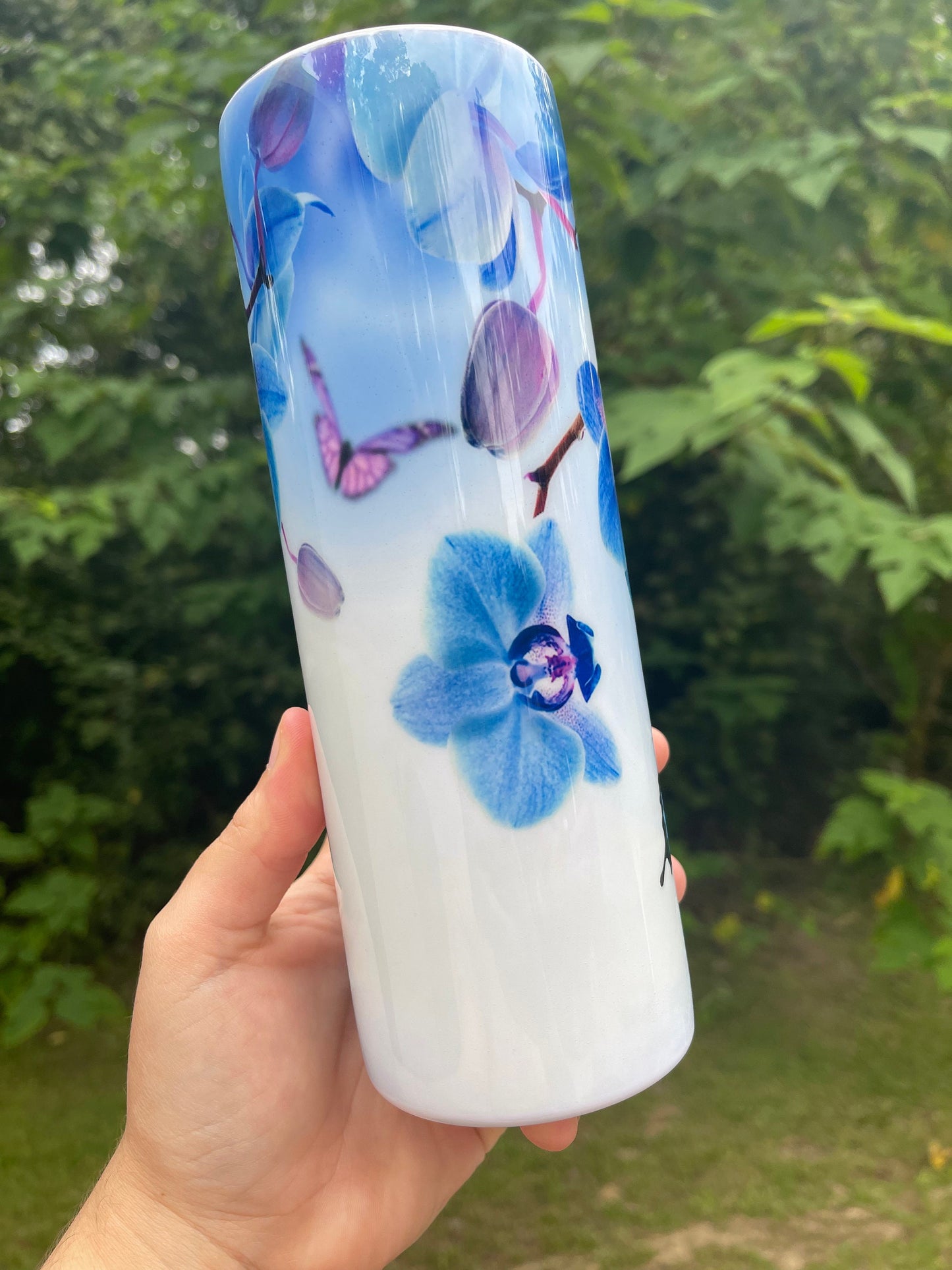 Blue butterfly and blue orchid flowers pretty floral 20oz skinny tumbler
