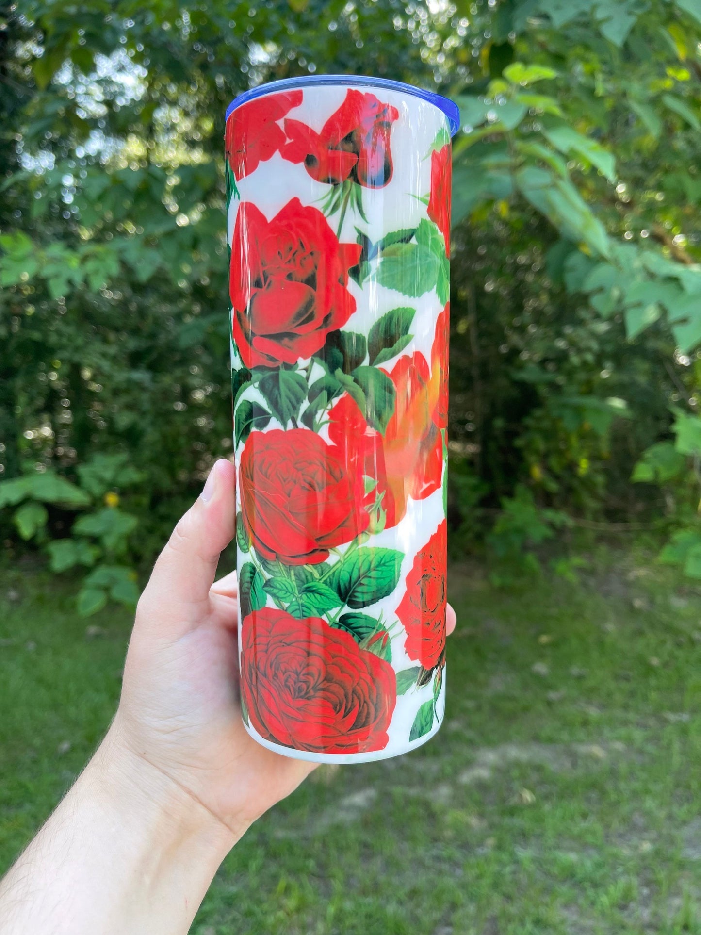 Beautiful and vibrant Red Roses  collage with stems leaves and thorns pretty tumbler 20oz skinny