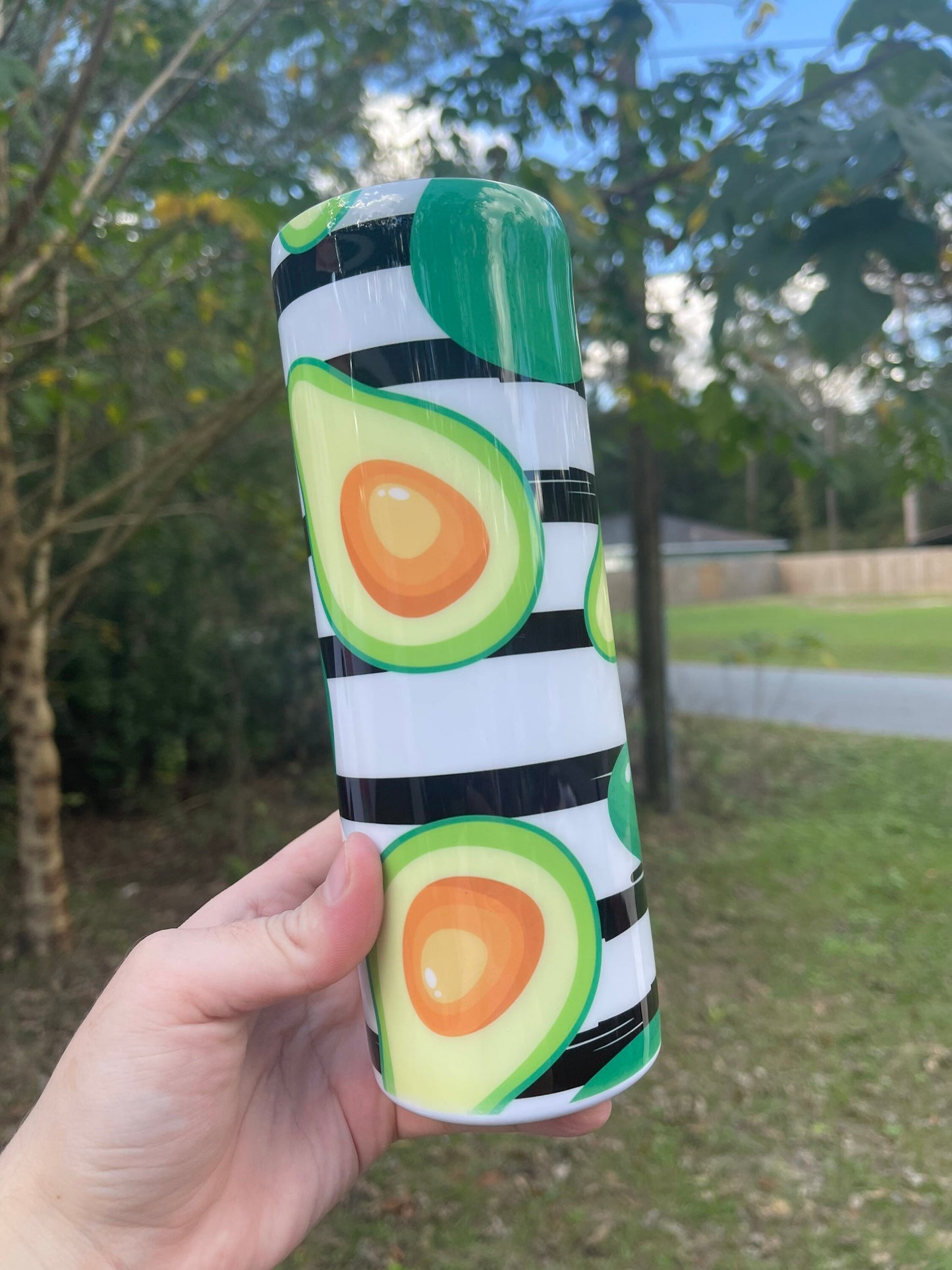 Cute black and white striped avocado cute 20oz skinny tumbler with lid and straw