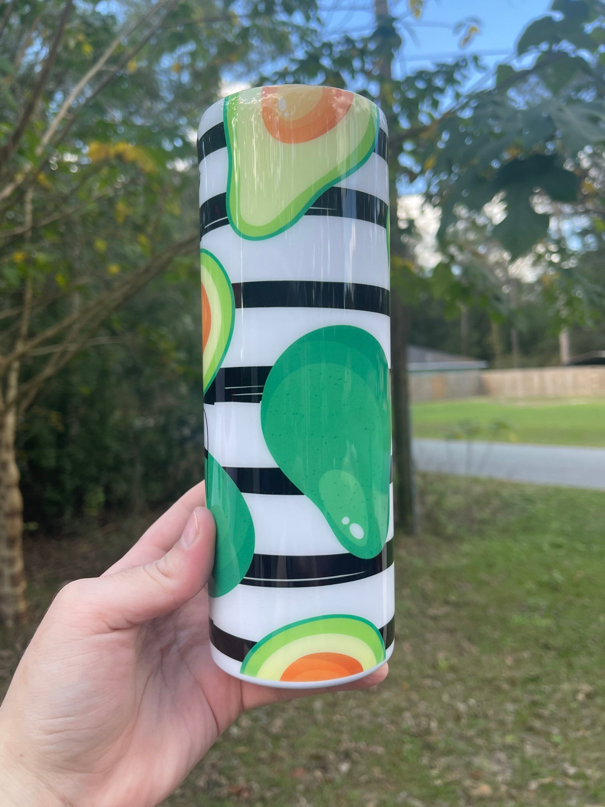 Cute black and white striped avocado cute 20oz skinny tumbler with lid and straw