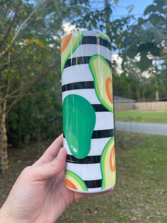 Cute black and white striped avocado cute 20oz skinny tumbler with lid and straw