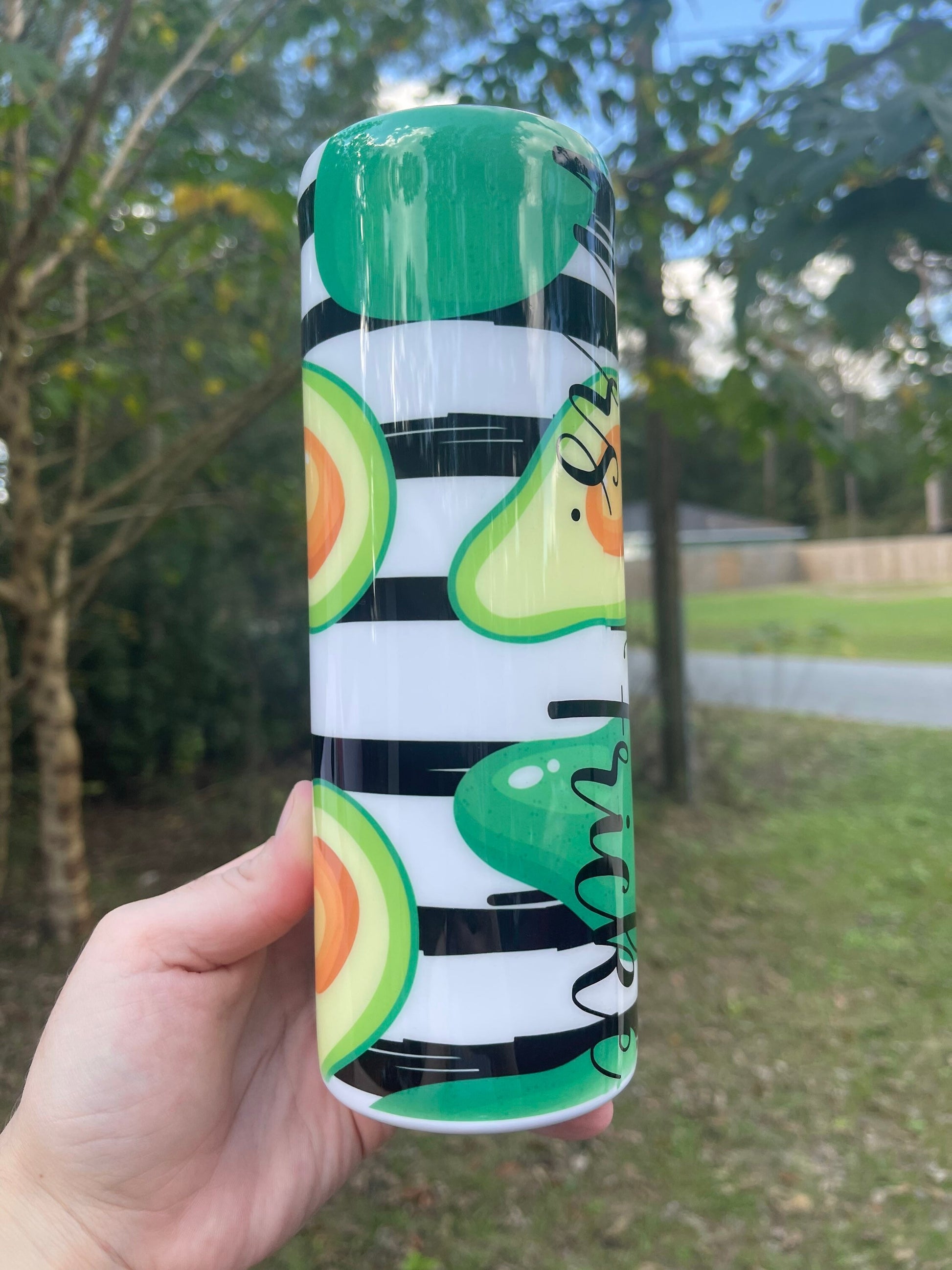 Cute black and white striped avocado cute 20oz skinny tumbler with lid and straw
