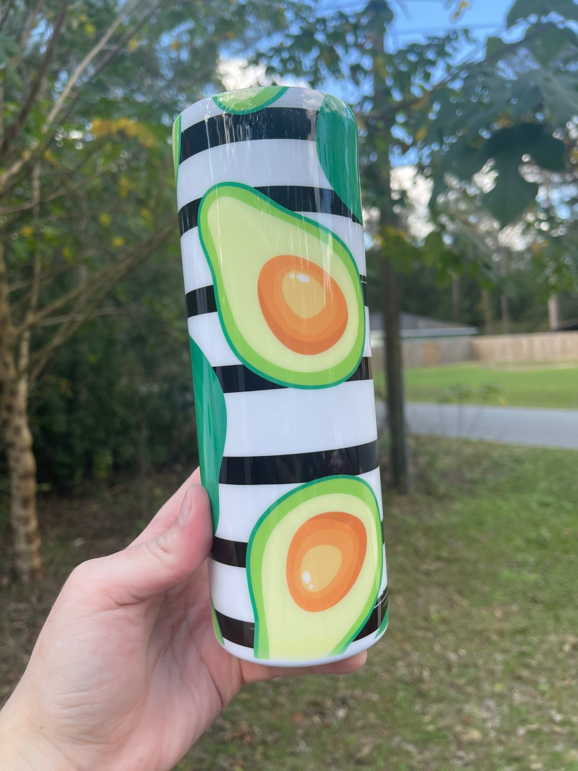 Cute black and white striped avocado cute 20oz skinny tumbler with lid and straw