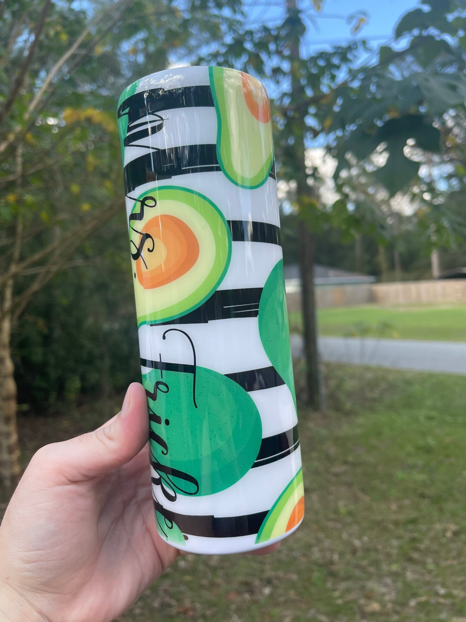 Cute black and white striped avocado cute 20oz skinny tumbler with lid and straw