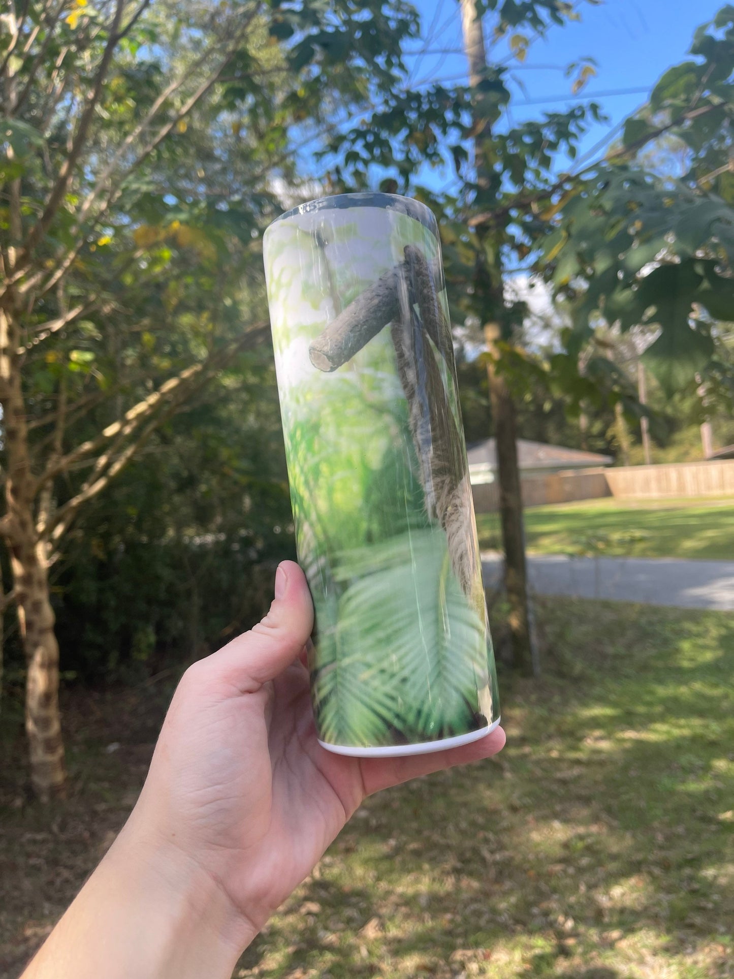 Sloth lovers upside down sloth real HD 20oz skinny tumbler