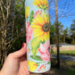 Beautiful rose blue pink yellow sunflower rose, floral artsy spring tumbler 20oz. With lid and straw. Personalizable