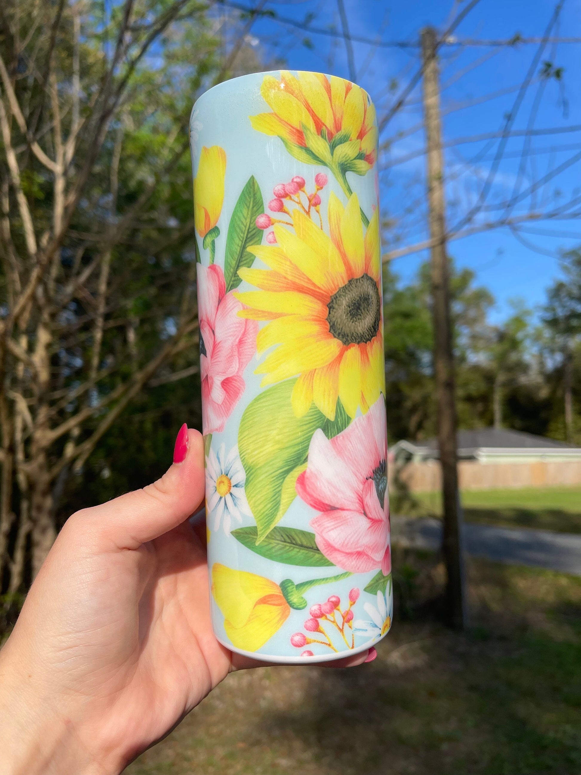 Beautiful rose blue pink yellow sunflower rose, floral artsy spring tumbler 20oz. With lid and straw. Personalizable