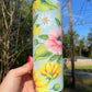 Beautiful rose blue pink yellow sunflower rose, floral artsy spring tumbler 20oz. With lid and straw. Personalizable