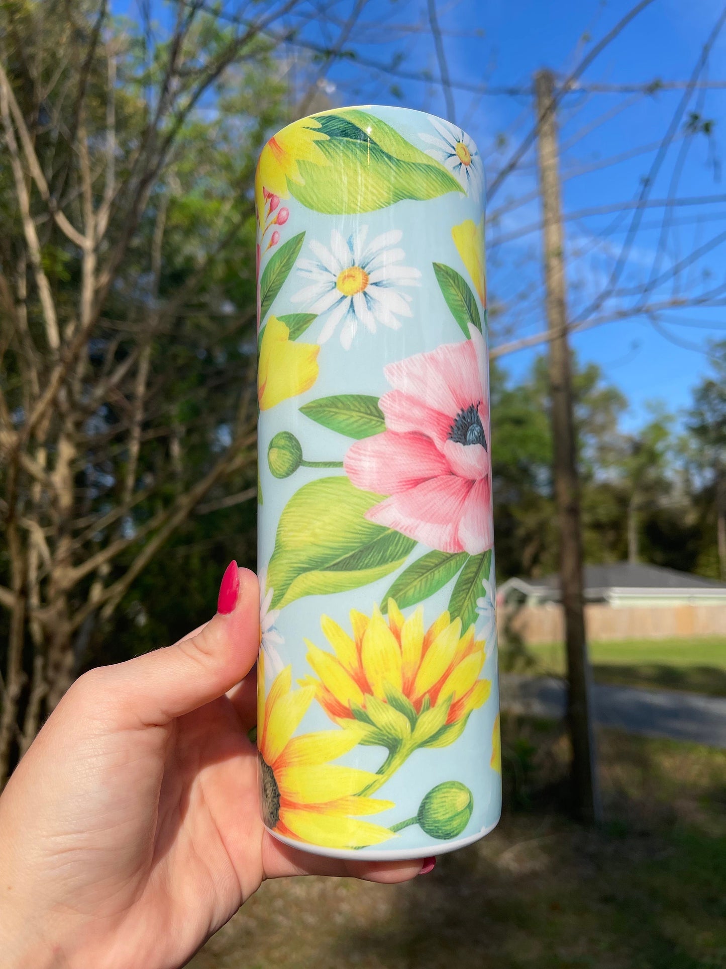 Beautiful rose blue pink yellow sunflower rose, floral artsy spring tumbler 20oz. With lid and straw. Personalizable