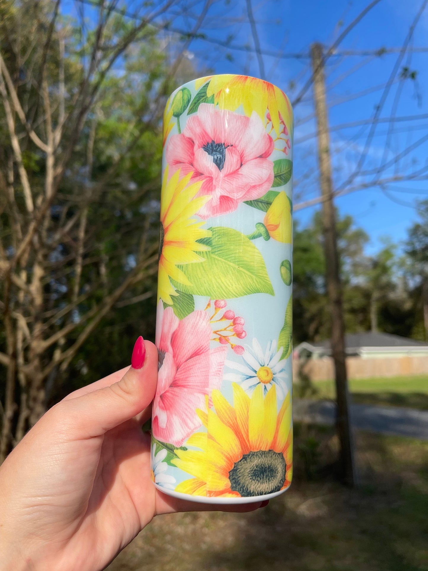 Beautiful rose blue pink yellow sunflower rose, floral artsy spring tumbler 20oz. With lid and straw. Personalizable