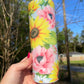 Beautiful rose blue pink yellow sunflower rose, floral artsy spring tumbler 20oz. With lid and straw. Personalizable