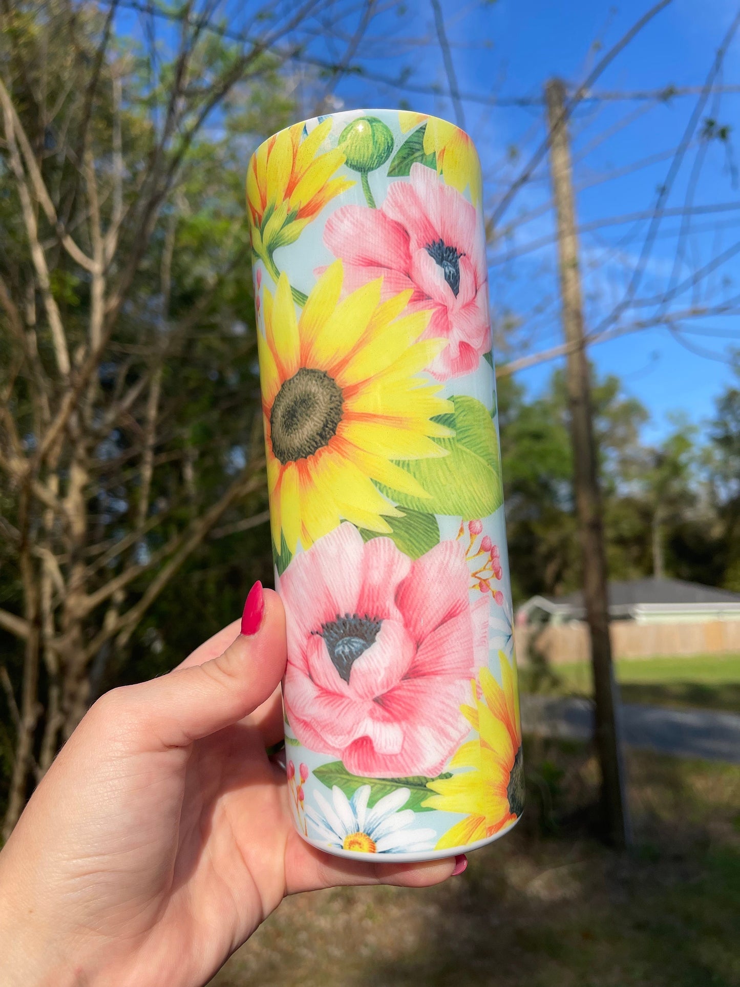 Beautiful rose blue pink yellow sunflower rose, floral artsy spring tumbler 20oz. With lid and straw. Personalizable