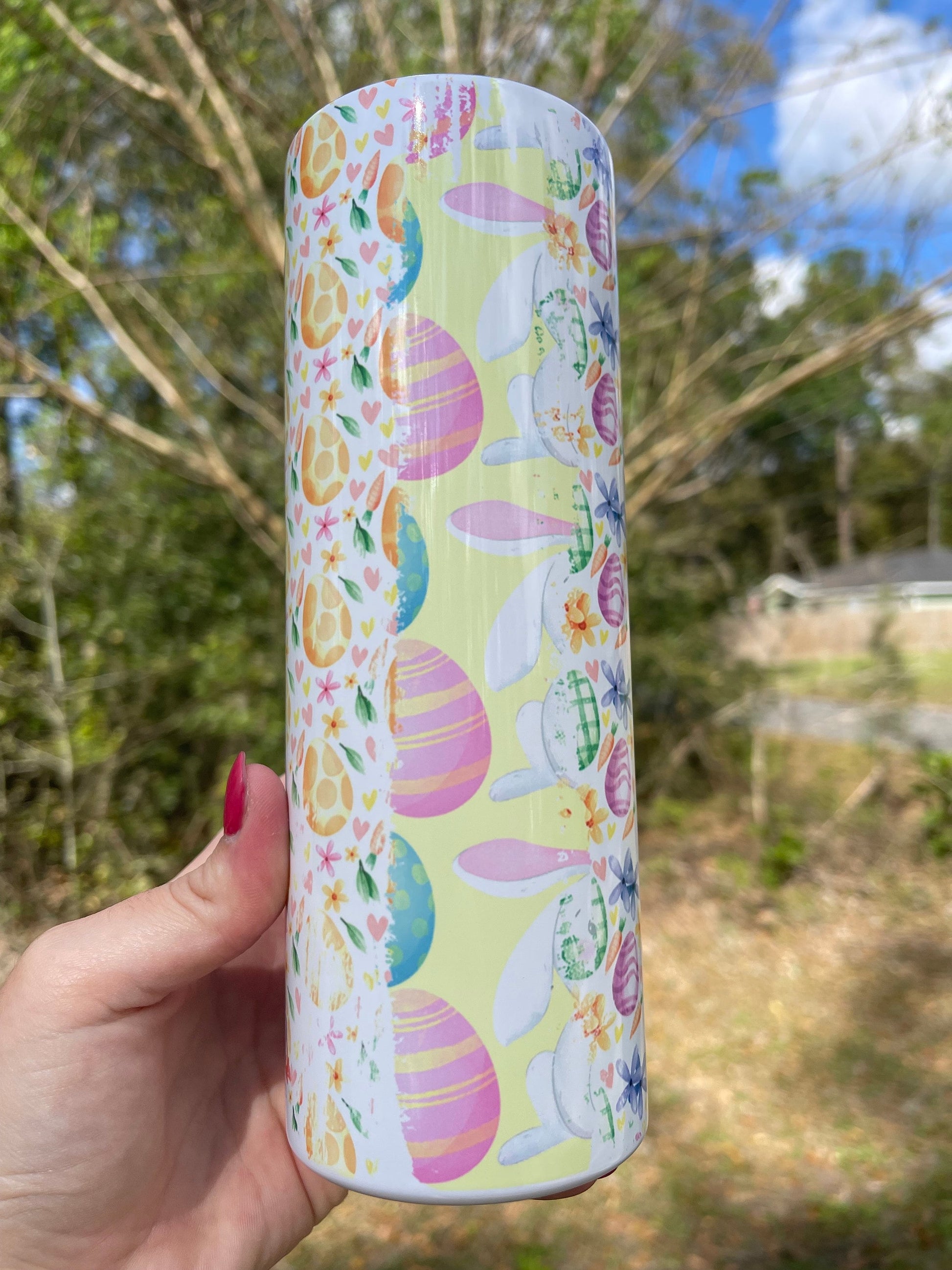 Easter egg, Easter themed unique and cute multicolored and multisided designs. 20oz skinny tumblers with lid and straw. Available in 12oz