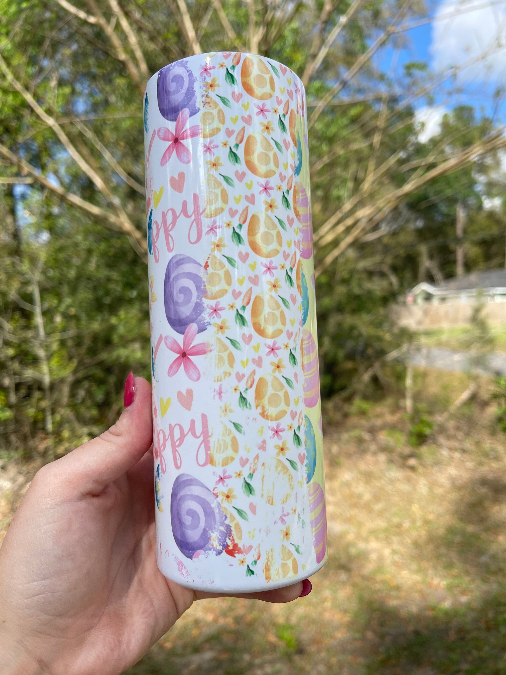 Easter egg, Easter themed unique and cute multicolored and multisided designs. 20oz skinny tumblers with lid and straw. Available in 12oz